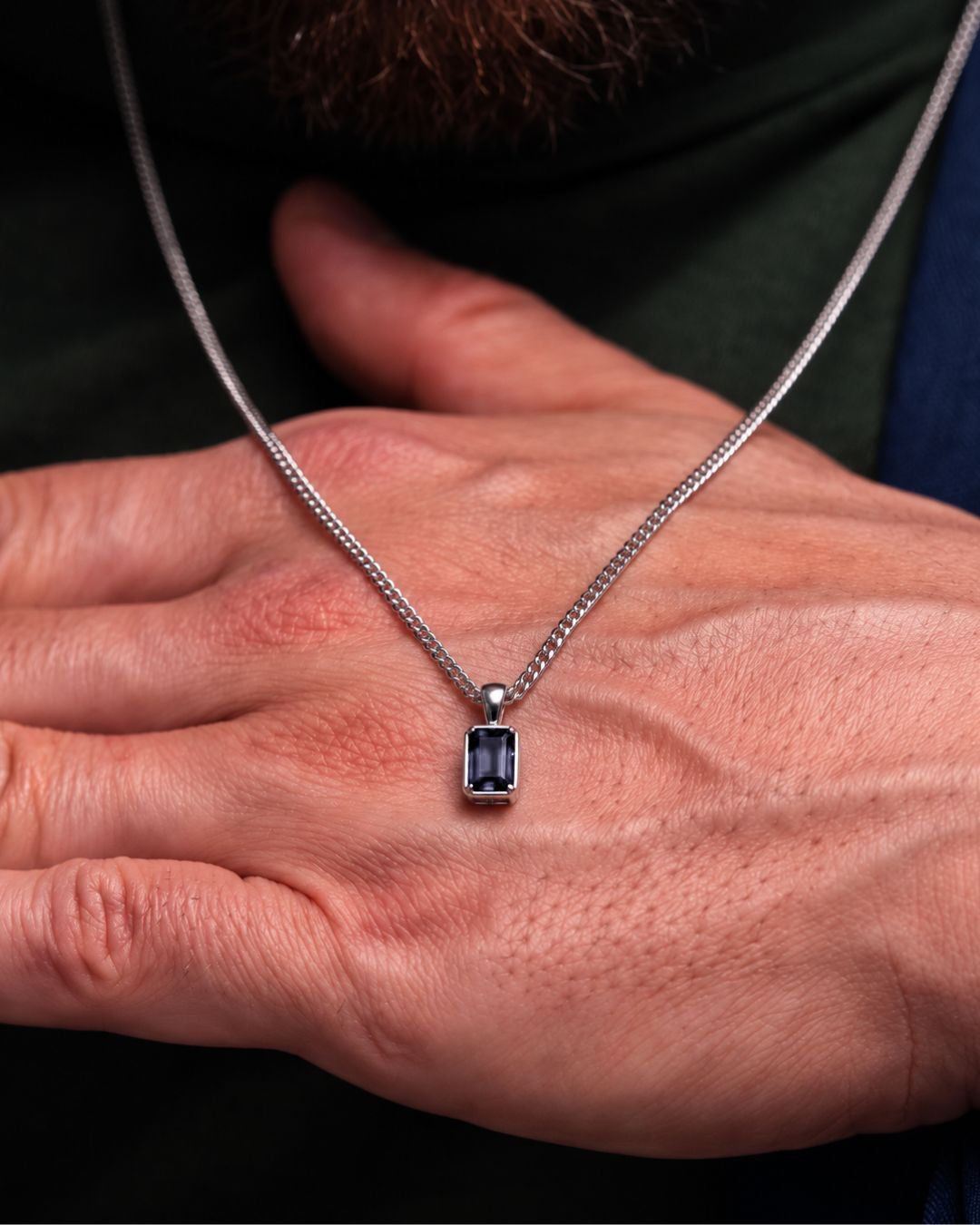 Grey Spinel pendant necklace, 2 carat, 925 silver — shown in hand for scale