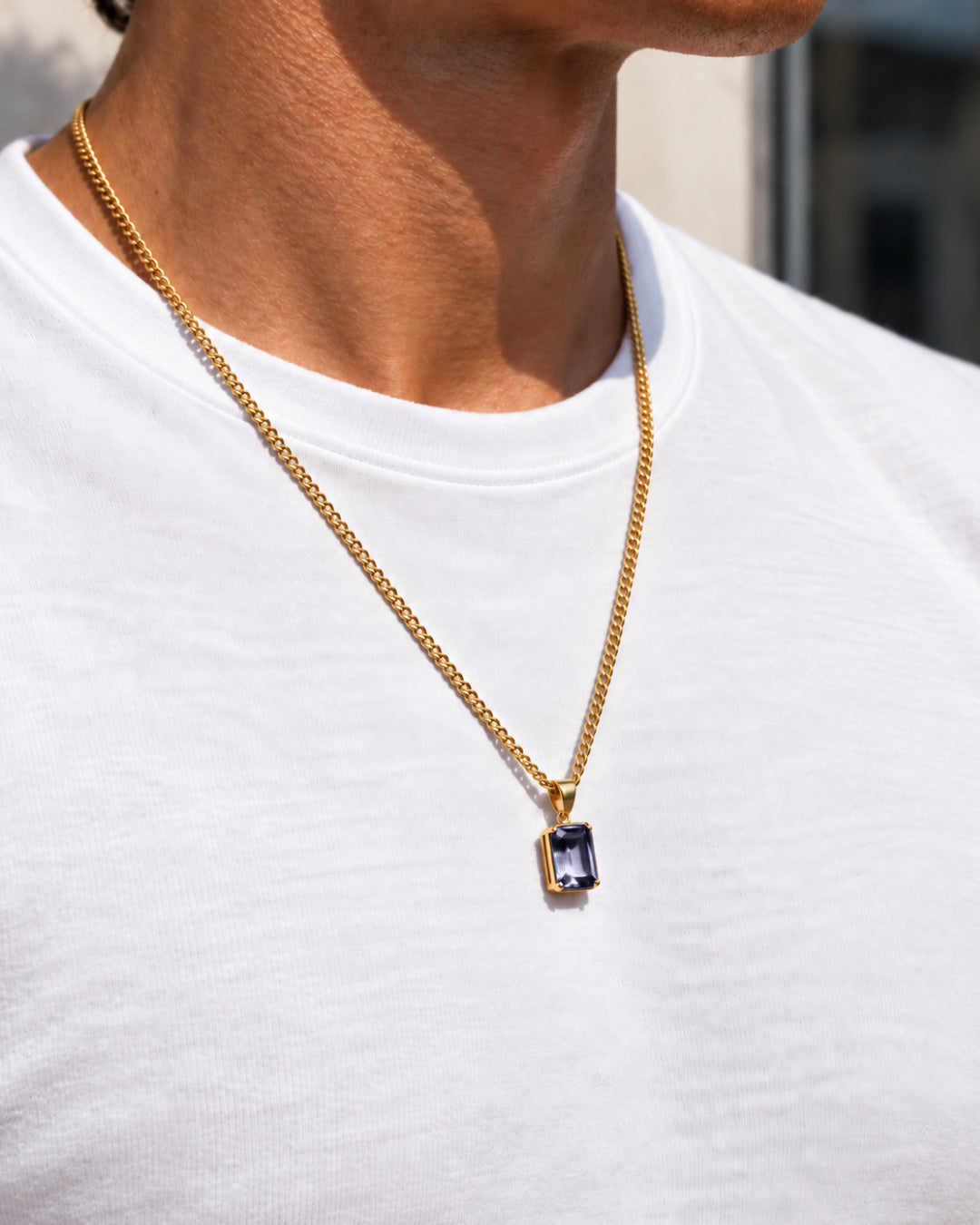 Grey Spinel pendant necklace, 3 carat, 18K gold — worn with a white tee