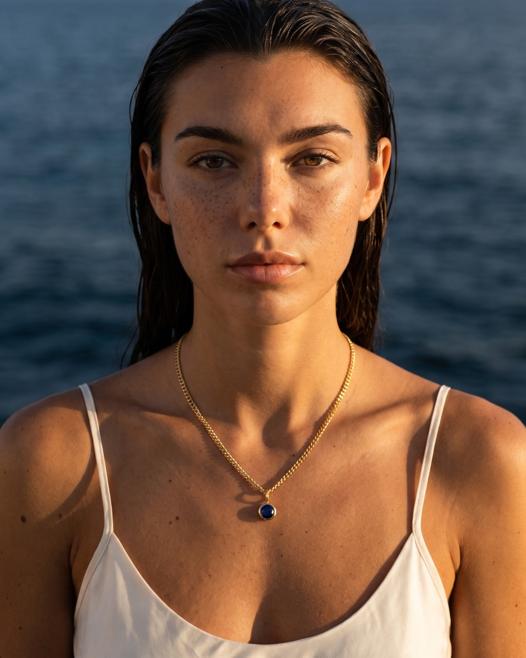 Model wearing the sapphire gold Lumière necklace