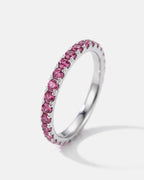Close-up of the deep rose pavé stones on the silver Lumière ring
