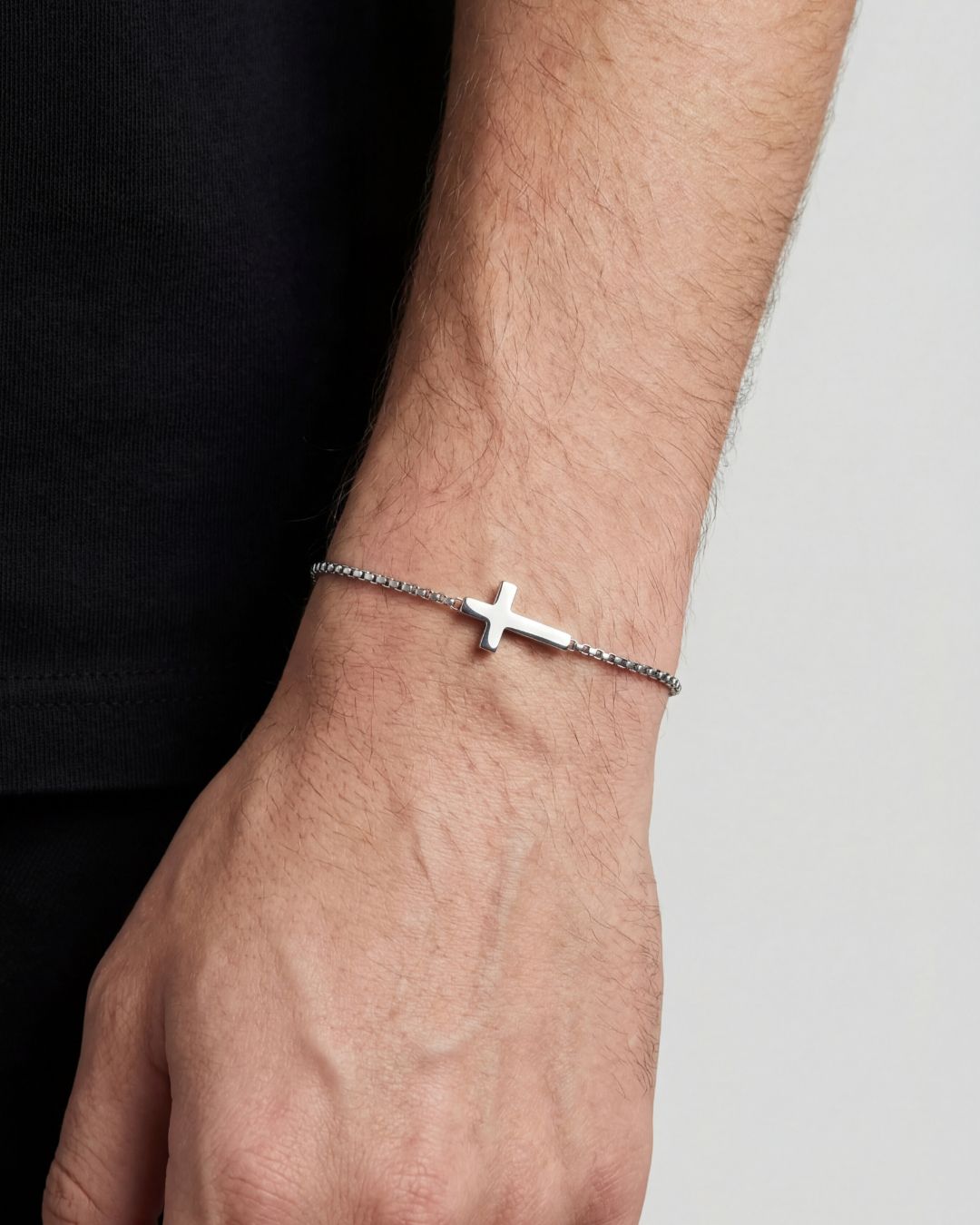 Men's Cross Bracelet - Silver Plated - Stainless Steel - Religious