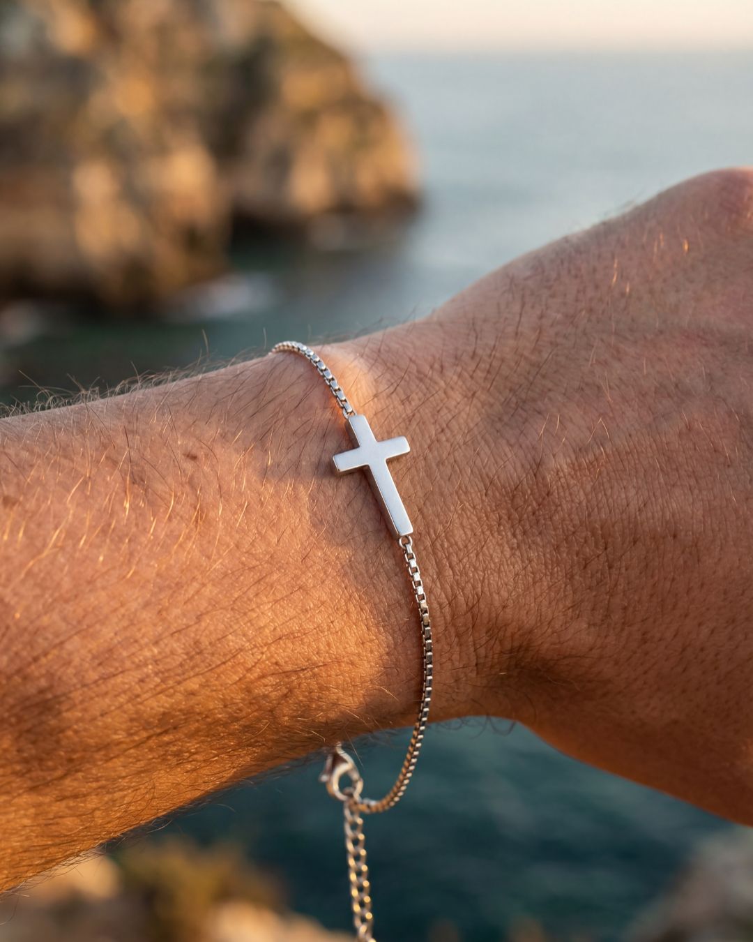 Men's Cross Bracelet - Silver Plated - Stainless Steel - Religious