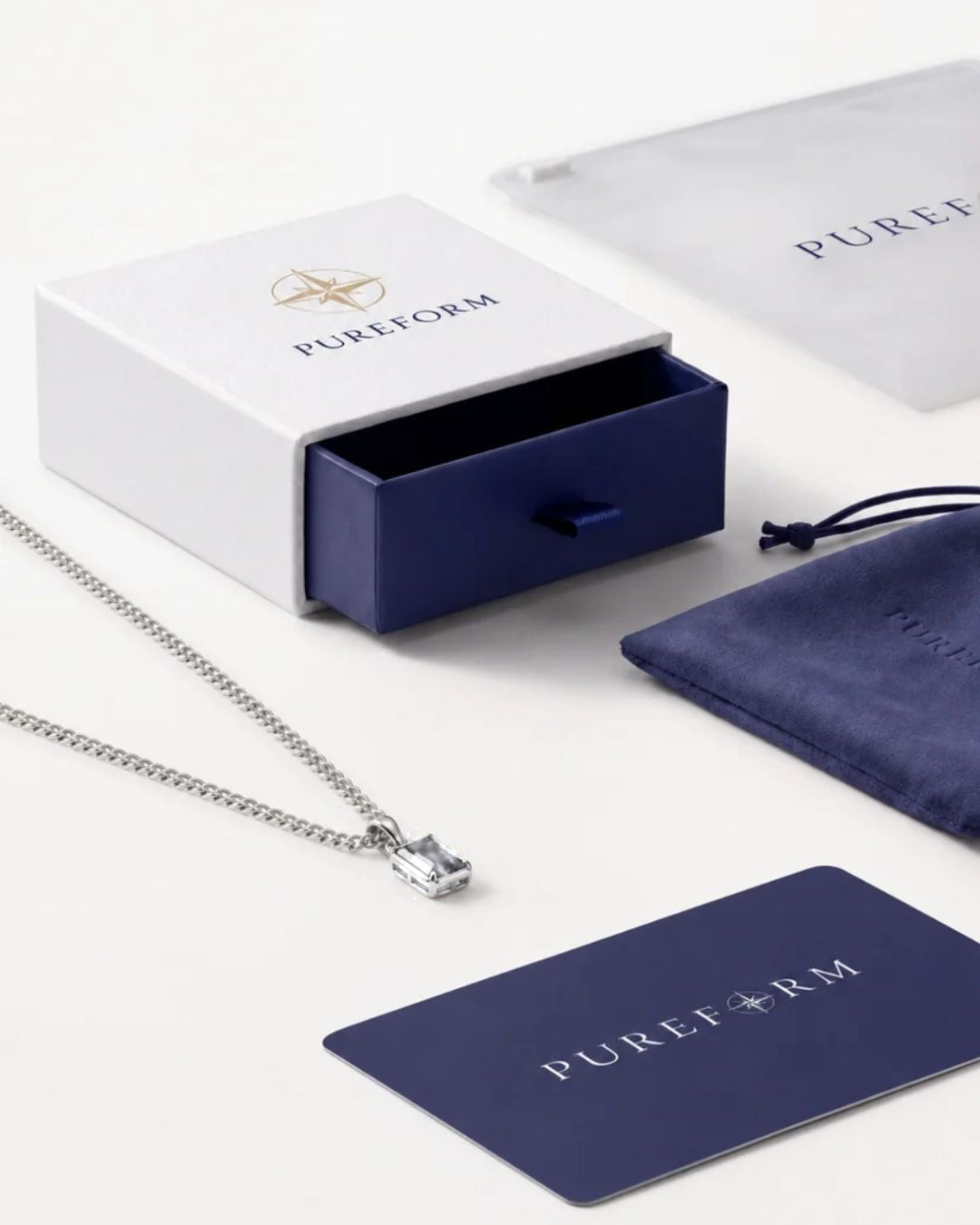 Moissanite pendant necklace, 1 carat, 925 silver — shown with Pureform packaging