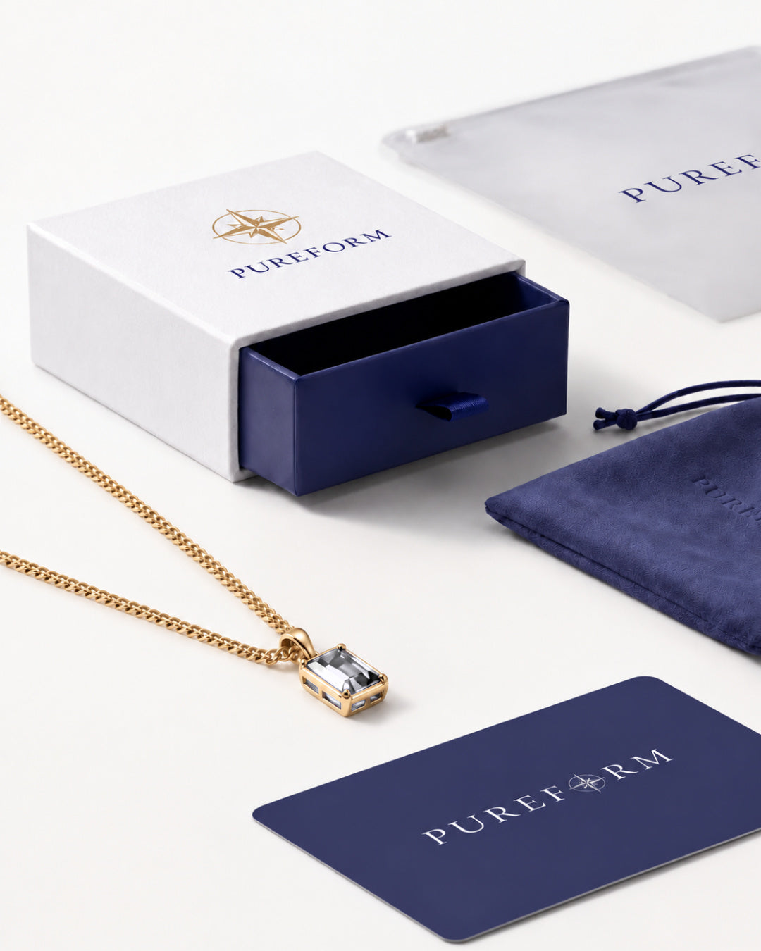 Moissanite pendant necklace, 2 carat, 18K gold — shown with Pureform packaging