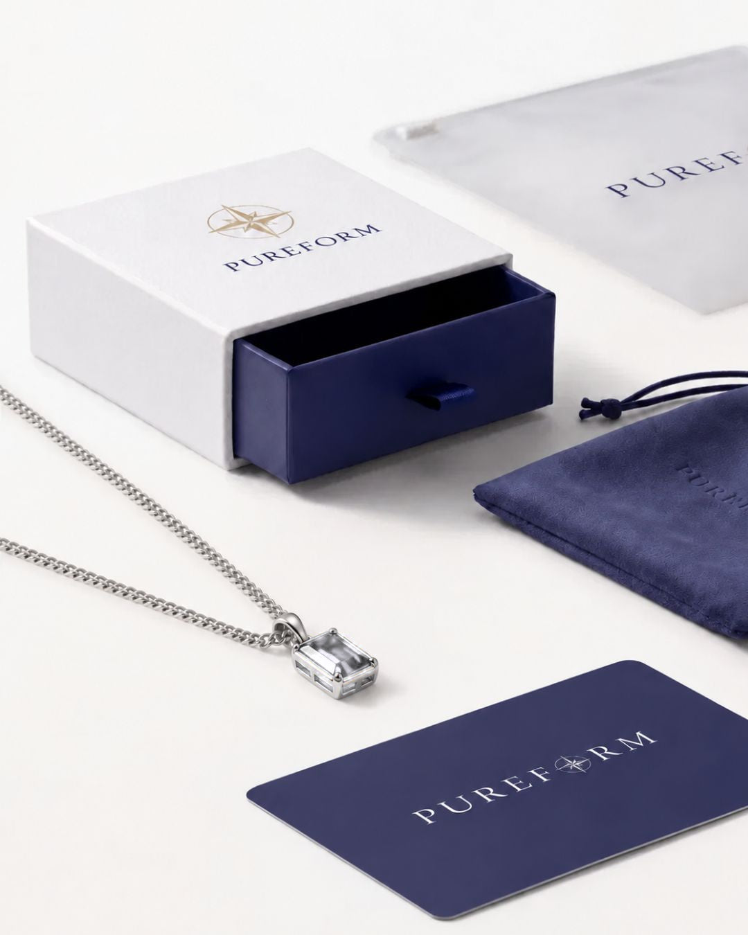 Moissanite pendant necklace, 2 carat, 925 silver — shown with Pureform packaging