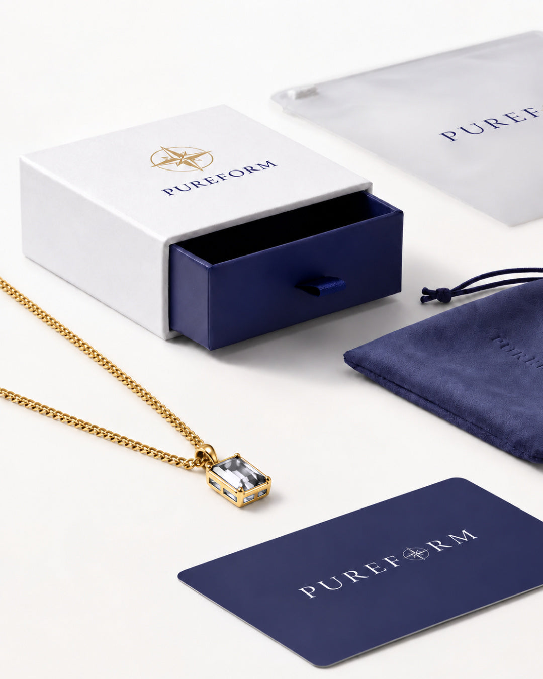 Moissanite pendant necklace, 3 carat, 18K gold — shown with Pureform packaging