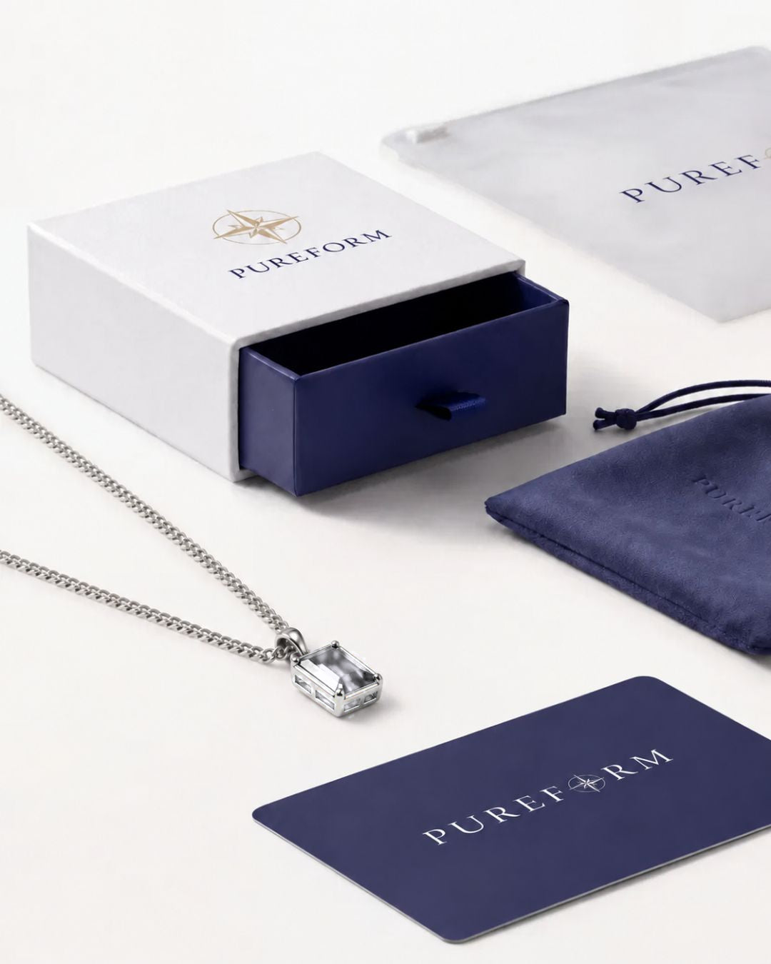 Moissanite pendant necklace, 3 carat, 925 silver — shown with Pureform packaging