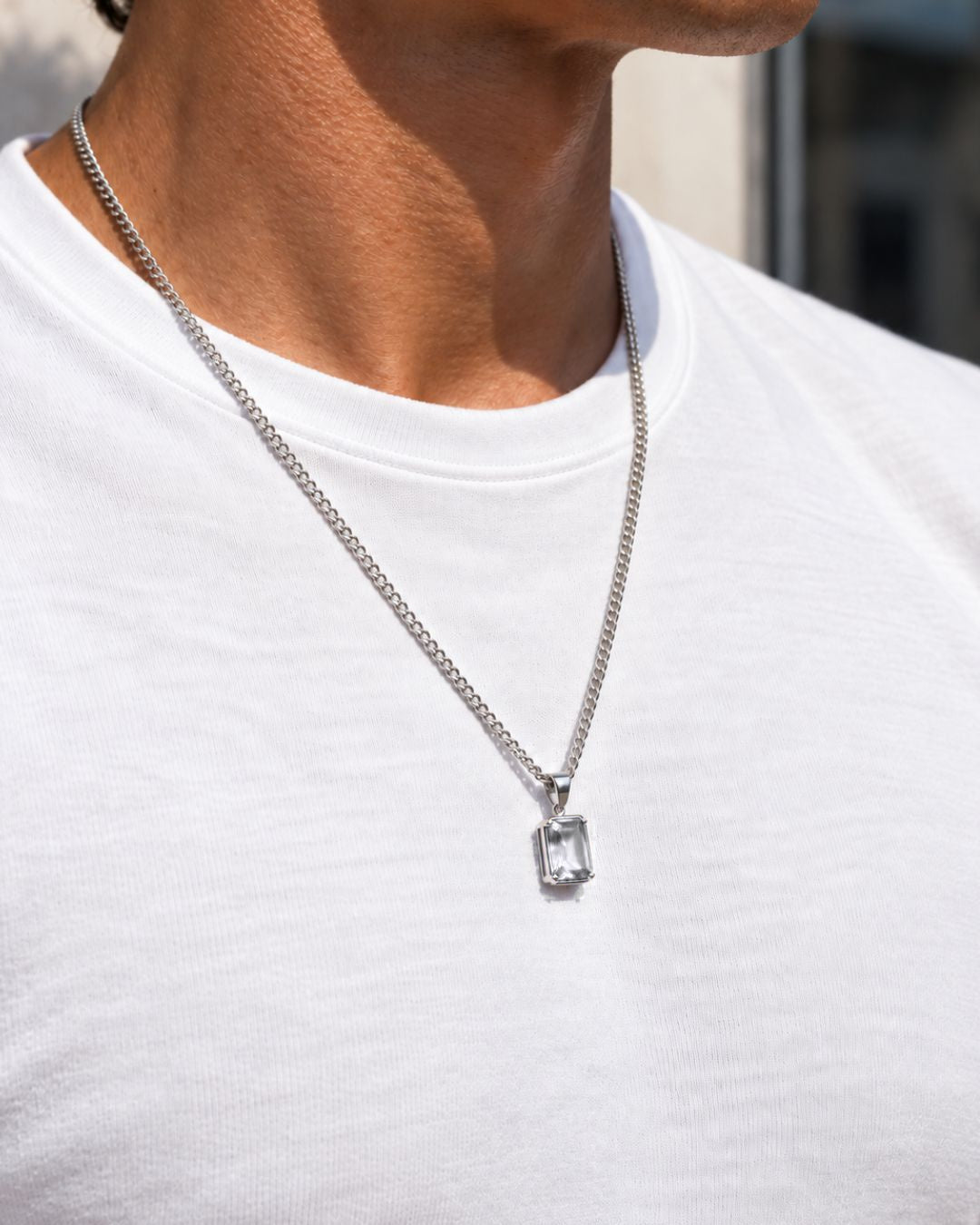Moissanite pendant necklace, 3 carat, 925 silver — worn with a white tee