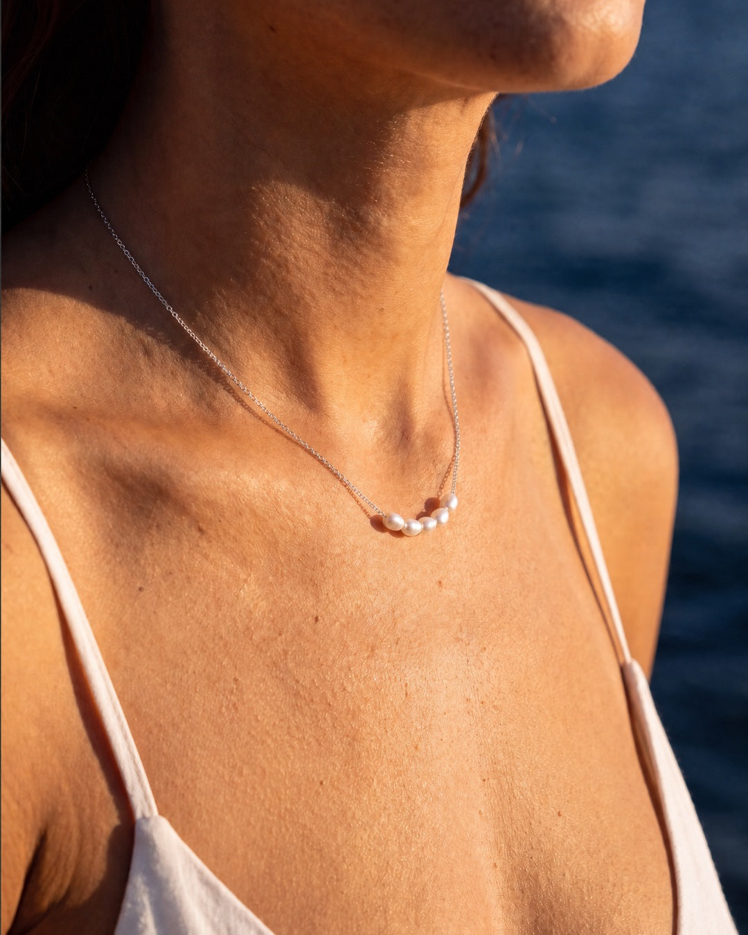 Petite Pearl Necklace silver worn on the neck