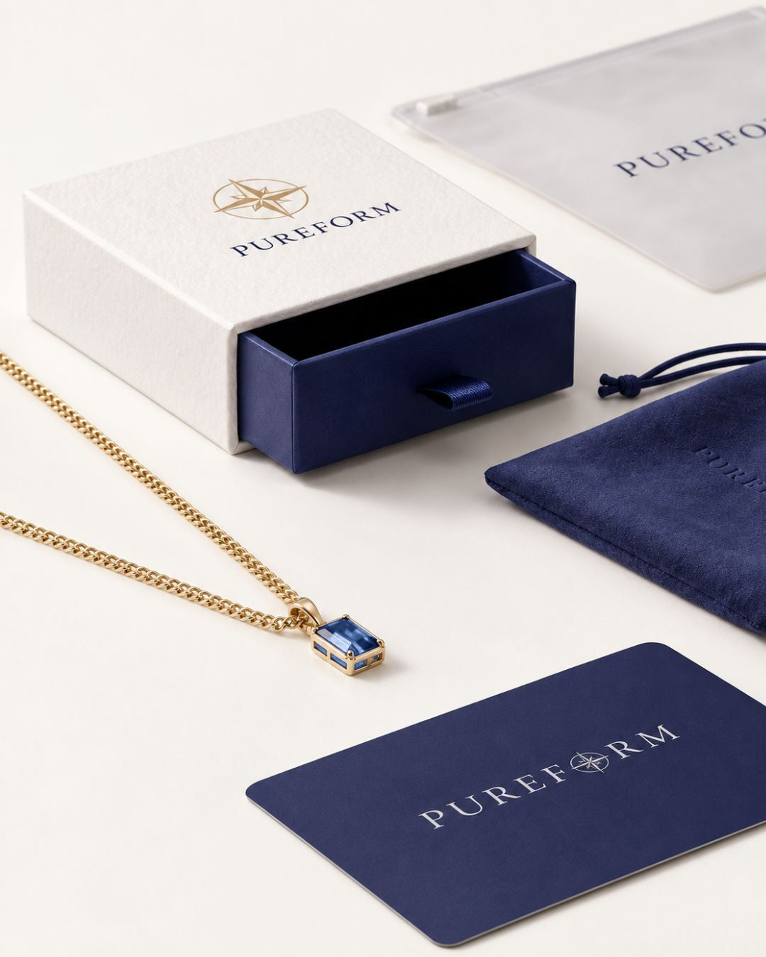 Royal Blue pendant necklace, 1 carat, 18K gold — shown with Pureform packaging
