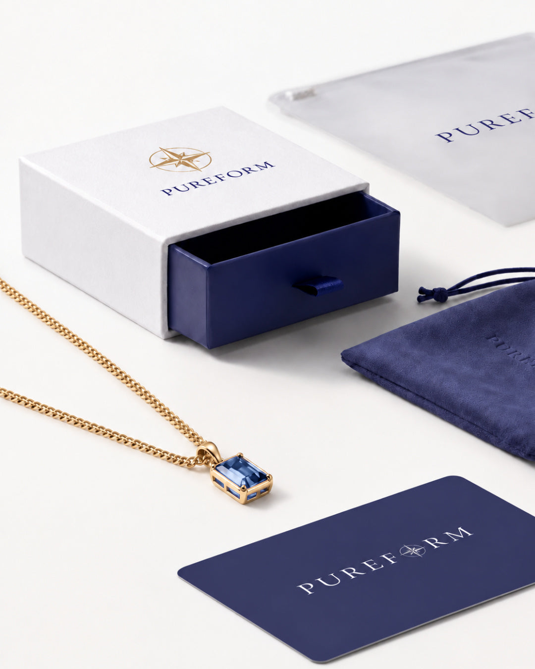 Royal Blue pendant necklace, 2 carat, 18K gold — shown with Pureform packaging