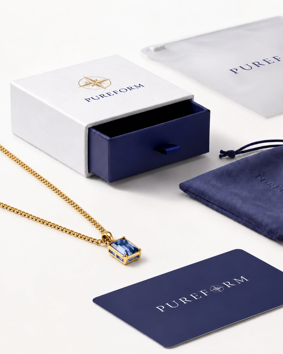 Royal Blue pendant necklace, 3 carat, 18K gold — shown with Pureform packaging