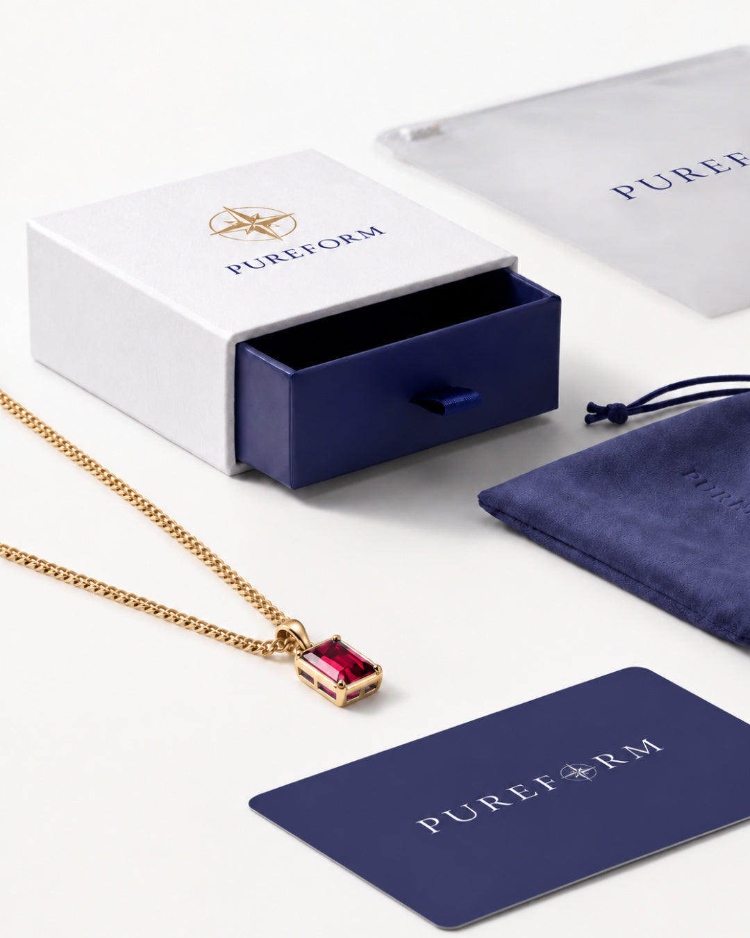 Ruby pendant necklace, 2 carat, 18K gold — shown with Pureform packaging