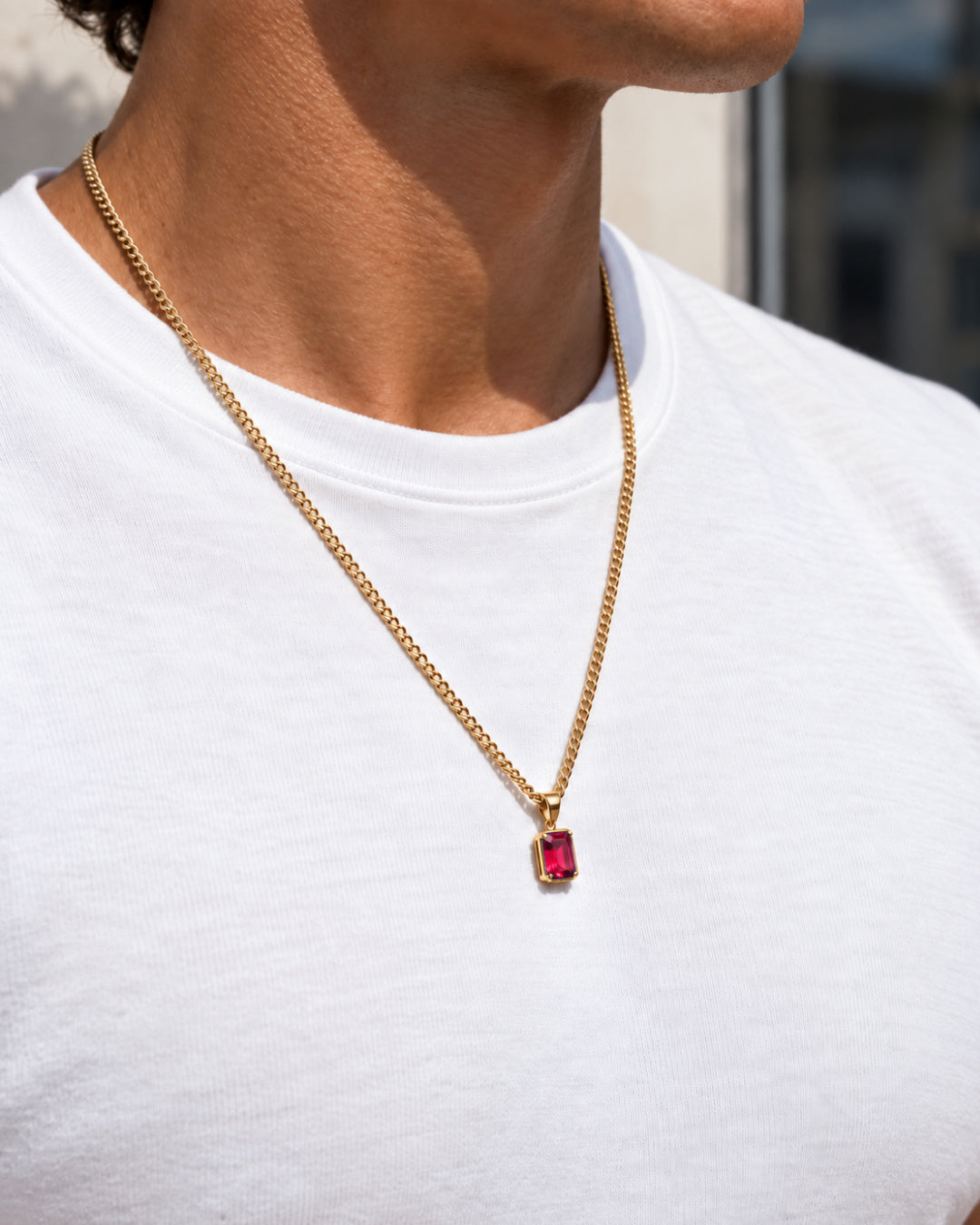 Ruby pendant necklace, 2 carat, 18K gold — worn with a white tee