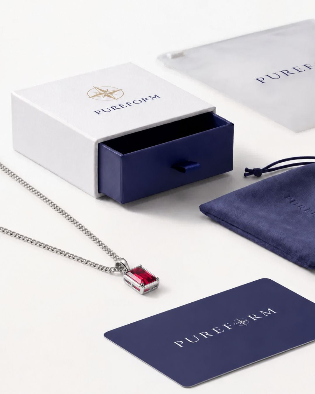 Ruby pendant necklace, 2 carat, 925 silver — shown with Pureform packaging