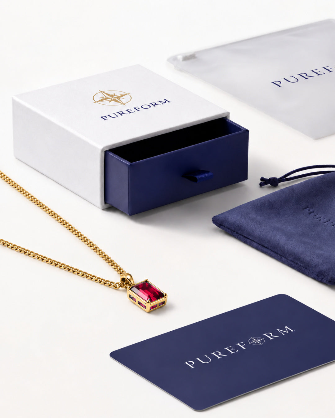 Ruby pendant necklace, 3 carat, 18K gold — shown with Pureform packaging