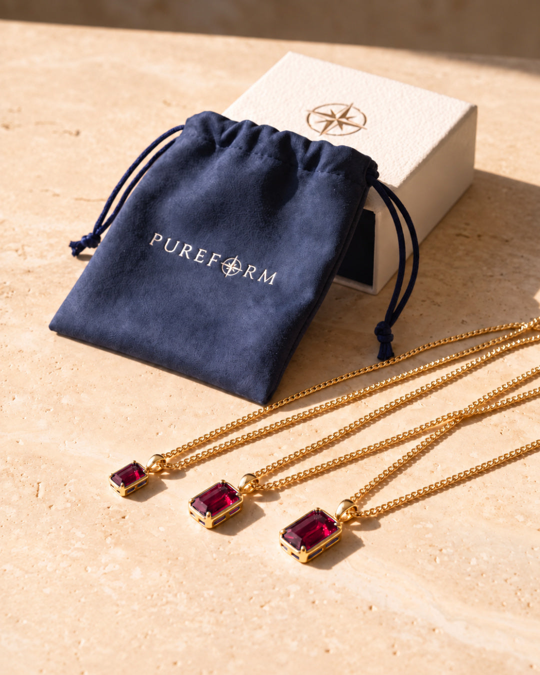 Ruby pendant necklace, 3 carat, 18K gold — 1, 2 and 3 carat shown side by side