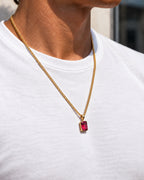 Ruby pendant necklace, 3 carat, 18K gold — worn with a white tee