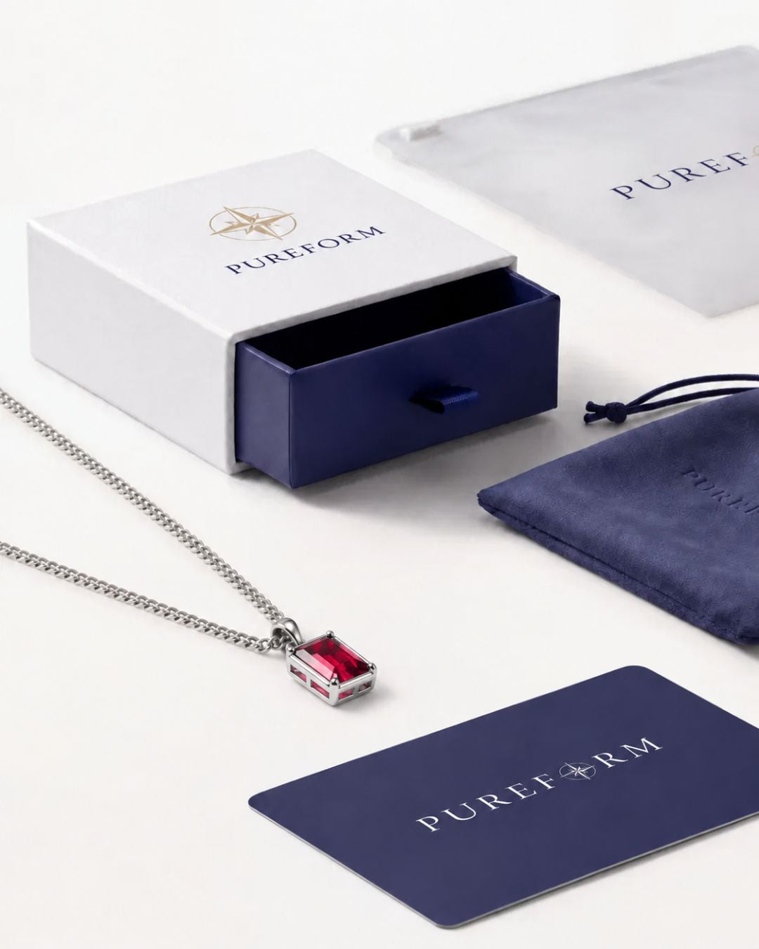 Ruby pendant necklace, 3 carat, 925 silver — shown with Pureform packaging