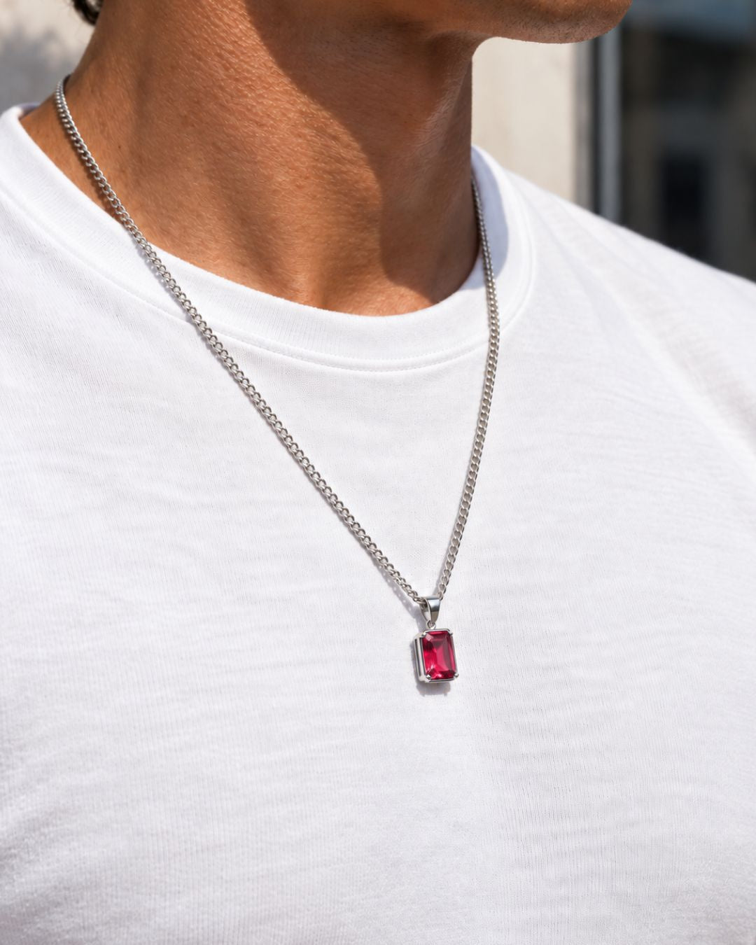 Ruby pendant necklace, 3 carat, 925 silver — worn with a white tee