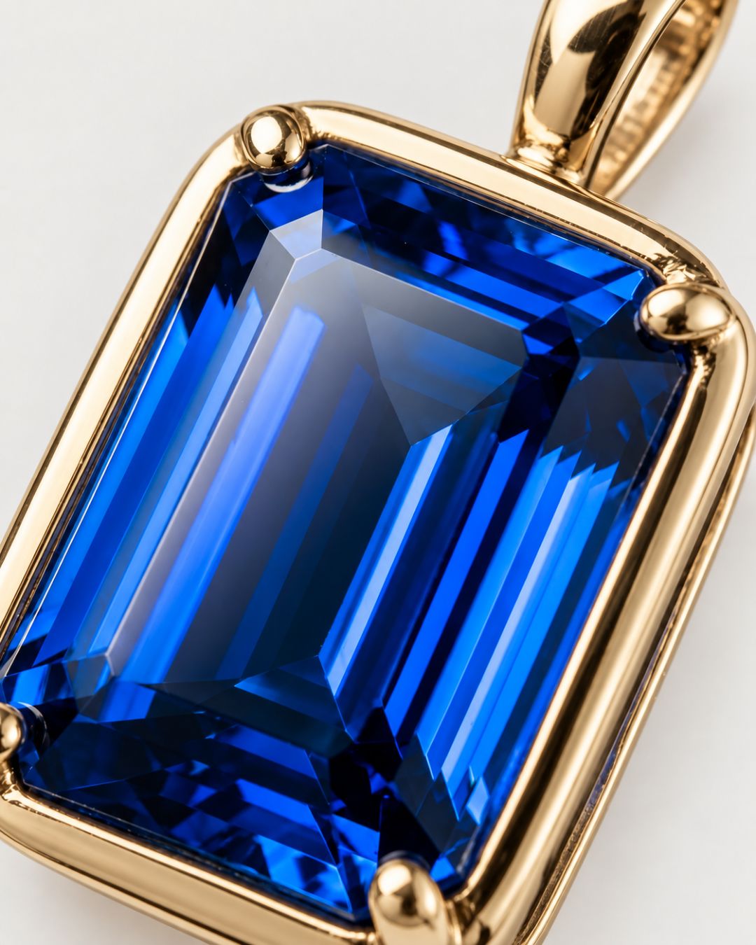 Sapphire pendant necklace, 1 carat, 18K gold — macro detail of the stone and setting