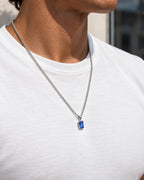 Sapphire pendant necklace, 2 carat, 925 silver — worn with a white tee