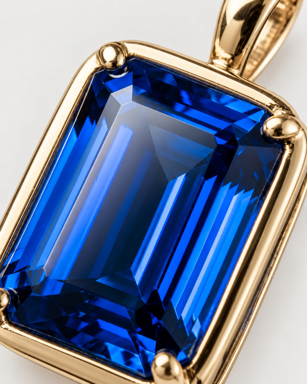 Sapphire pendant necklace, 3 carat, 18K gold — macro detail of the stone and setting
