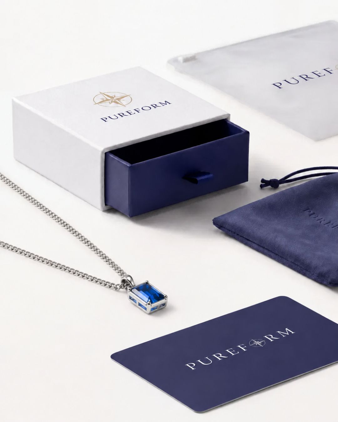 Sapphire pendant necklace, 3 carat, 925 silver — shown with Pureform packaging