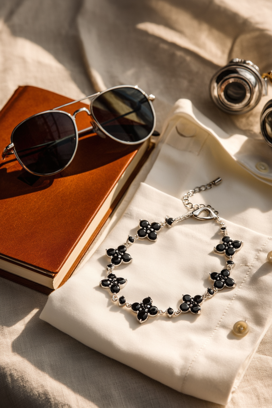 Bracelet Black stone + Platinum-plated