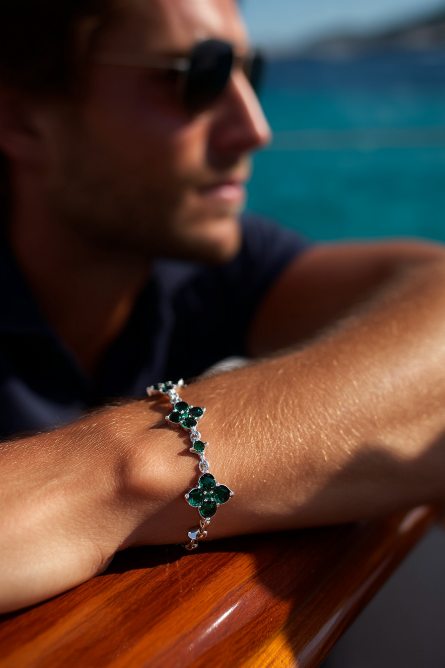 Bracelet Green stone + Platinum-plated